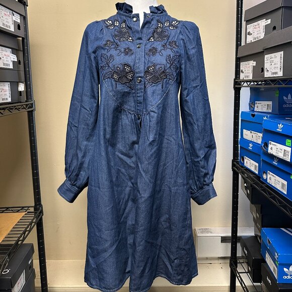 NWT! Coach Chambray Denim Embroidered Floral Shirt Dress Pockets Western Boho 0 - Picture 1 of 12